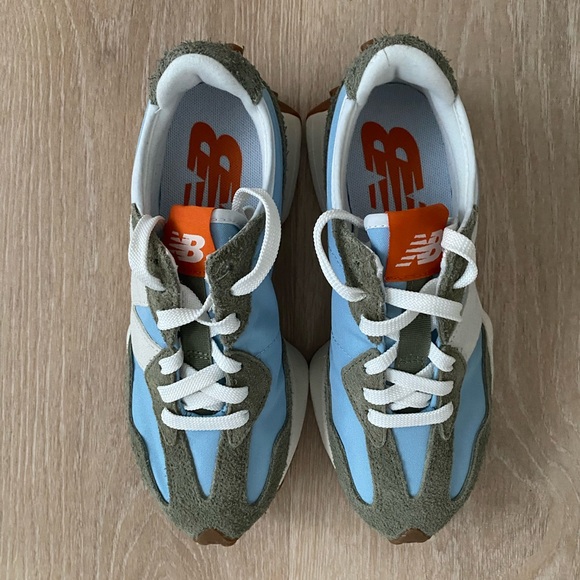 New Balance Unisex 327 Dark Olivine Chrome Blue Sneakers - Picture 4 of 9